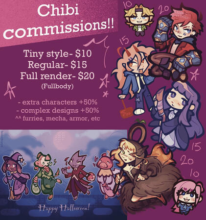 Tiny Style - $10 Regular - $15 Full render - $20 (all fullbody) extra characters +50%, complex designs (furry, mecha, armor, etc) +50%