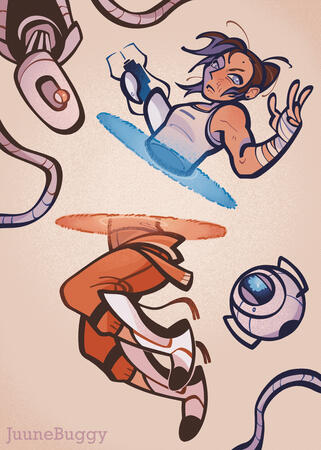 Illustration of Chell, GlaDos, and Wheatley from Portal, 2025